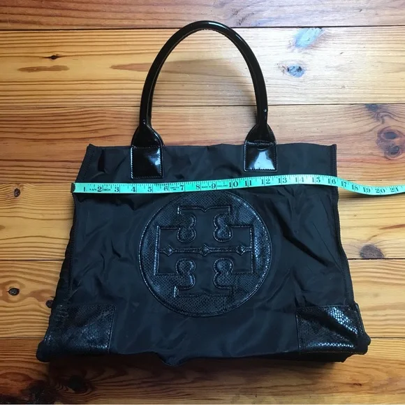 Tory Burch Ella Black Leather Nylon Tote Bag, EUC, 16.5”